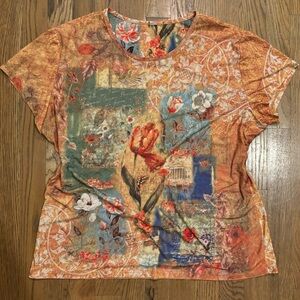 Boho Vintage Floral Collage 90s Y2K Scoop Neck Tee